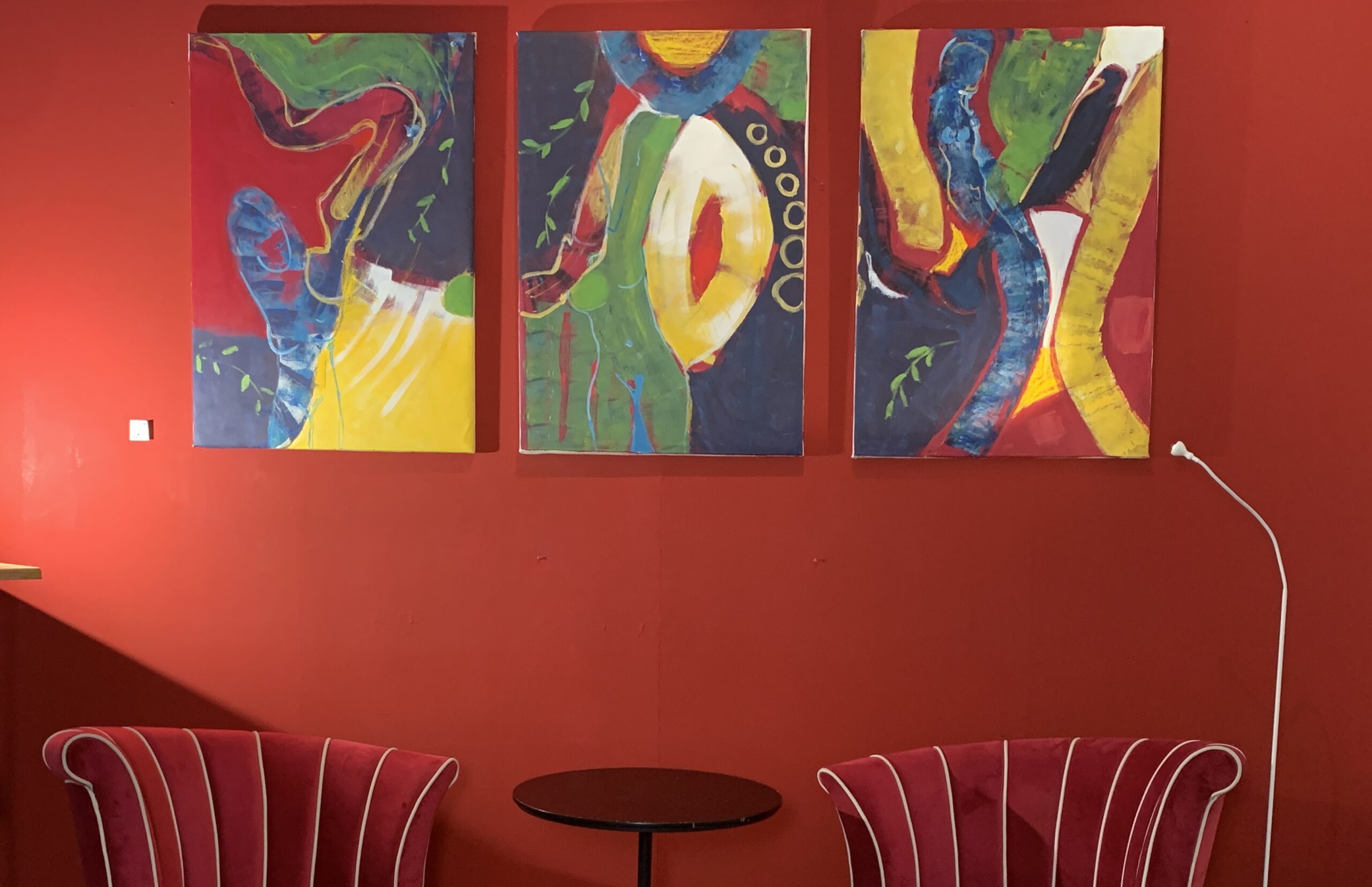 Colorful art and comfortable chairs